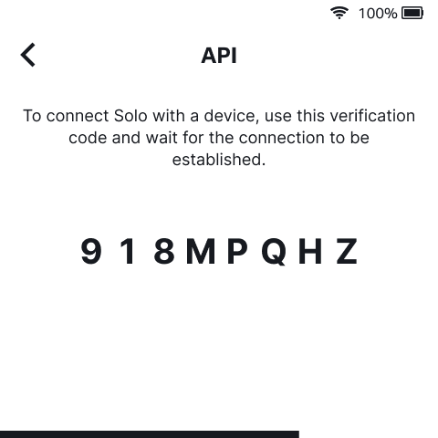 Solo device API pairing code screen.